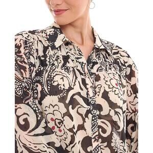 ZARA NWOT WOMENS LONG SLEEVE PRINTED BLOUSE IN BLACK|BEIGE-SIZE MEDIUM